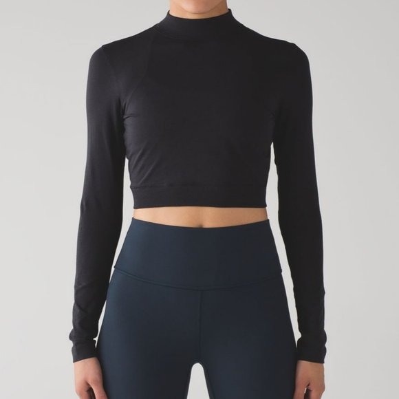 lululemon athletica Tops - Lululemon Kitsilano Mock Neck Long Sleeve Cropped Tee Black Size 4 Pima Cotton